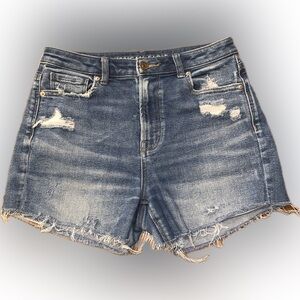 American Eagle Outfitters Blue Mom Jean Shorts Distressed Cut-Off High Waist 4
